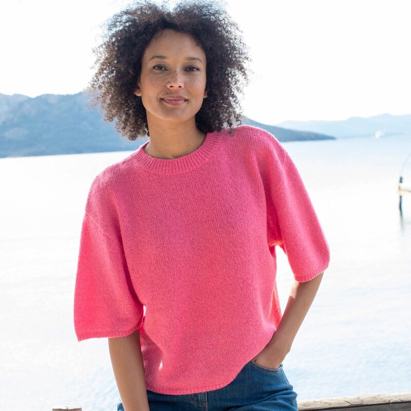 Voľný pulóver s rukávmi po lakte zo zmesi vlny a mohéru ružová 052 65218887