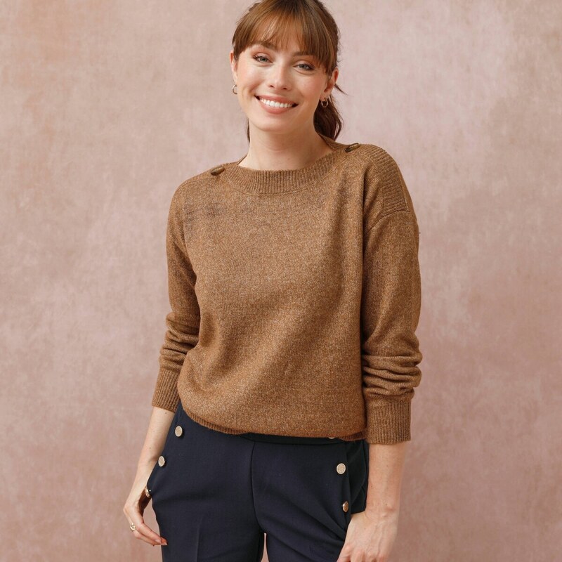 Pulóver s lodičkovým výstrihom, jednofarebný hnedosivý melír 050 65218920