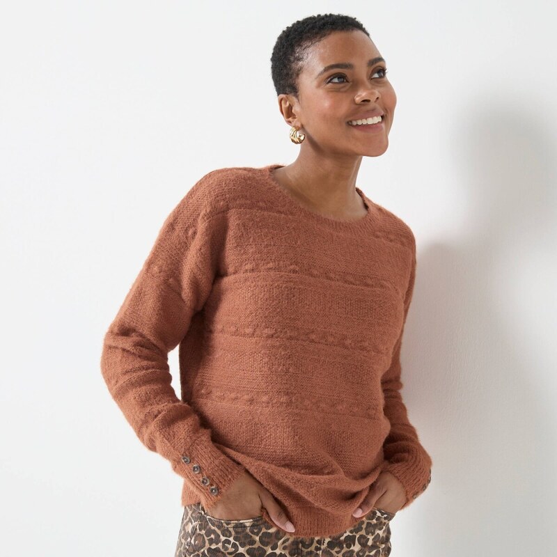 Pulóver s okrúhlym výstrihom, z úpletu s predĺženým vláknom karamelová 65218914