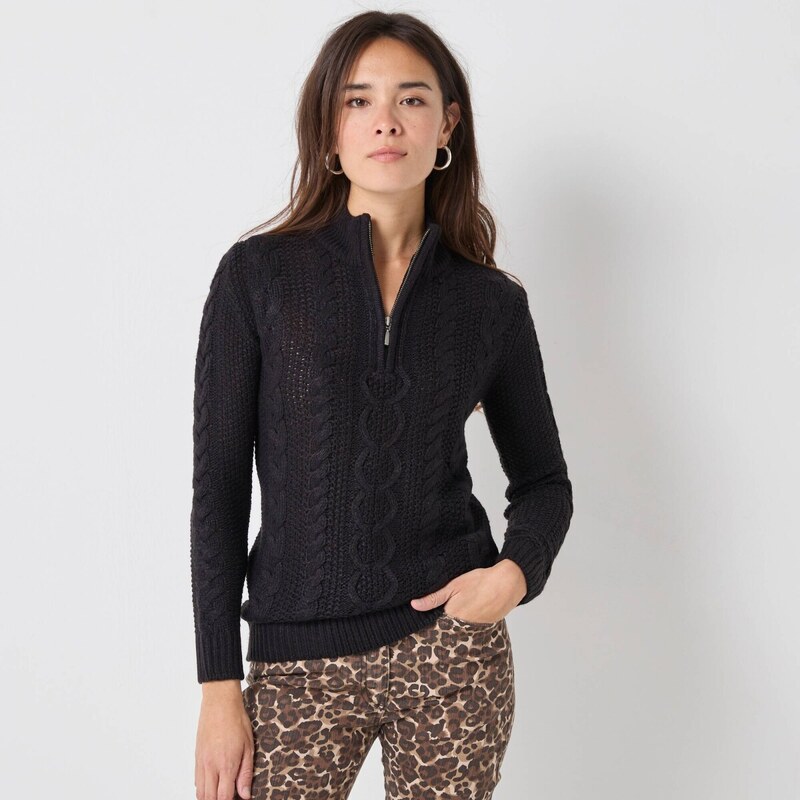 Pulóver so stojačikom na zips a s vrkočovým vzorom čierna 054 65218935