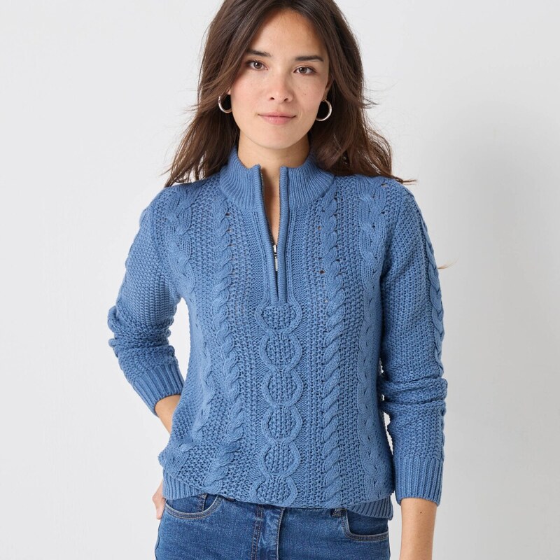 Pulóver so stojačikom na zips a s vrkočovým vzorom modrá džínsová 054 65218934