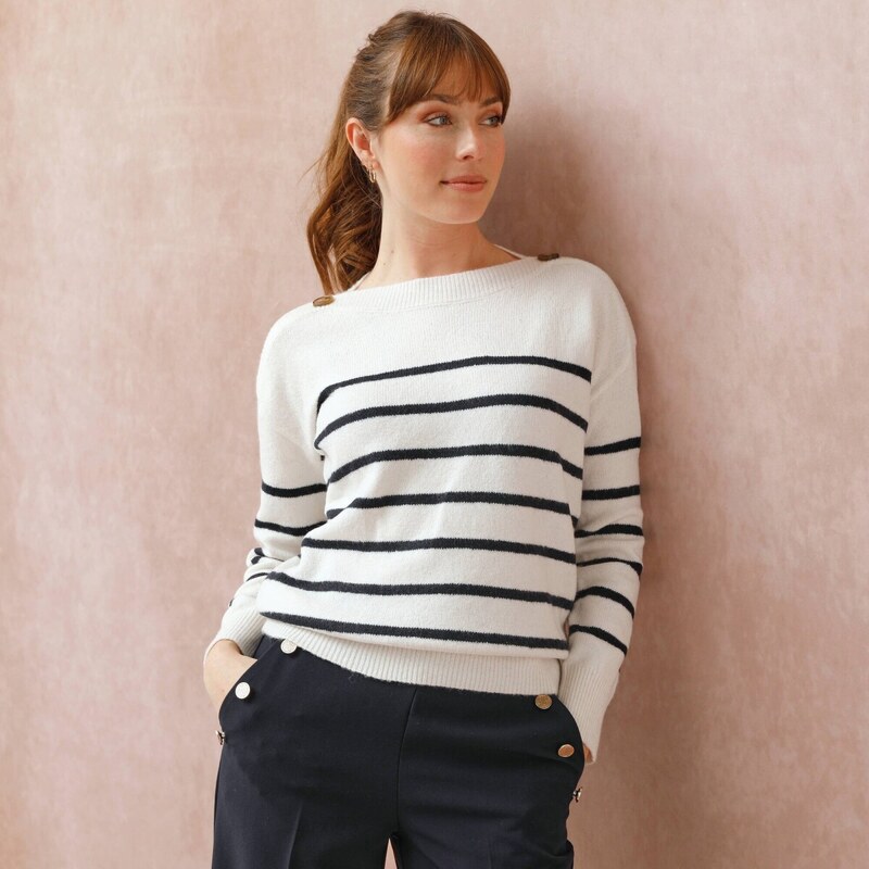 Pulóver s lodičkovým výstrihom, pruhovaný ražná/nám. modrá 054 65218953