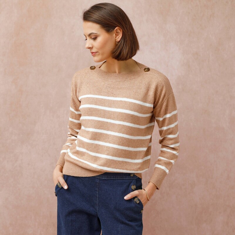 Pulóver s lodičkovým výstrihom, pruhovaný béžový melír/ražná 052 65218954