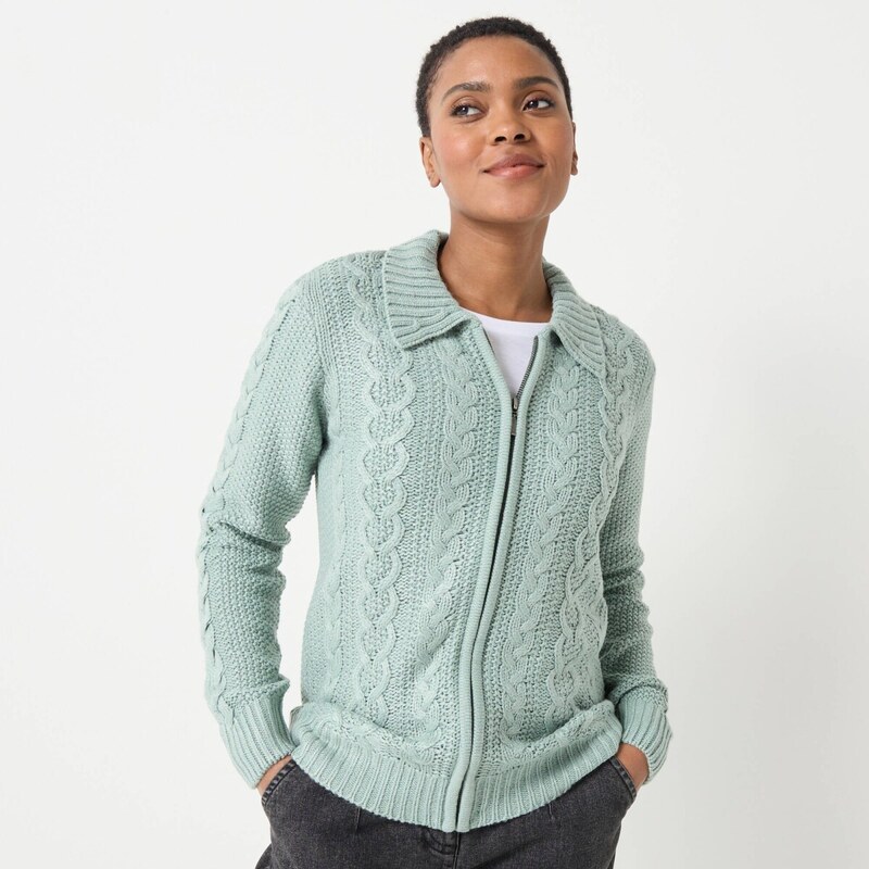 Sveter na zips,s vrkočovým vzorom zelenosivá 054 Blancheporte 65218962