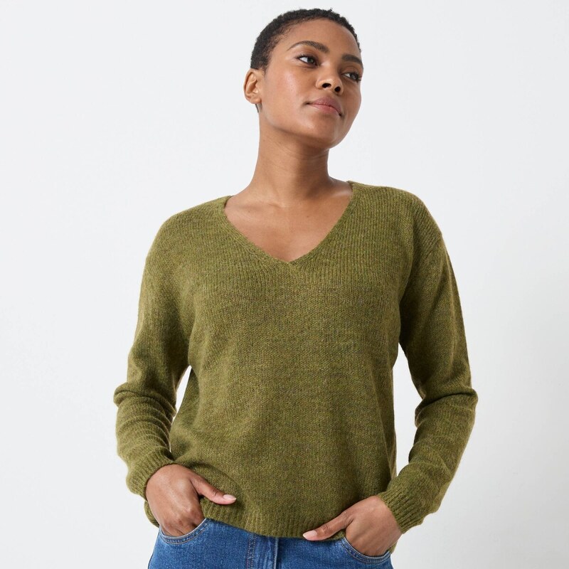 Pulóver s výstrihom do V zo zmes vlny a mohéru machová 054 65218957