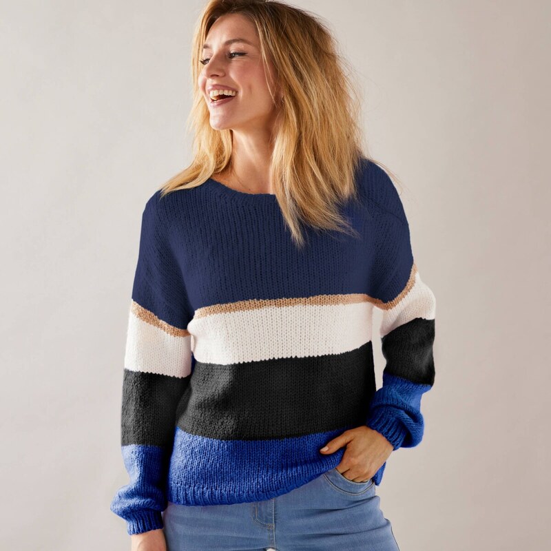 Pruhovaný pulóver s okrúhlym výstrihom nám. modrá/ražná 054 65218976