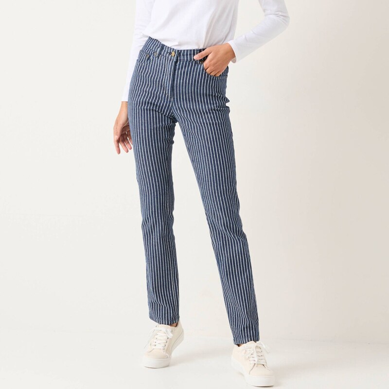 Úzke dlhé nohavice z pruhovaného denimu tmavomodrá 052 Blancheporte 65219003