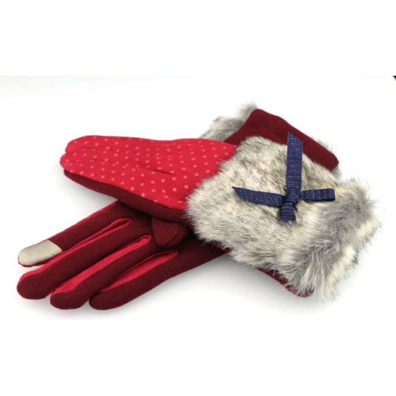 Artofpolo Dámské rukavice s puntíky a kožešinou Červené 65222387