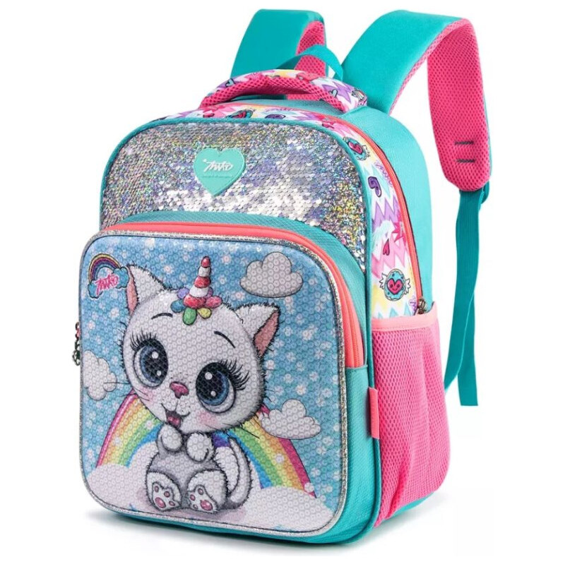 Miko Dievčenský flitrový školský batoh 3D Mačička Zelený 20L 65226269