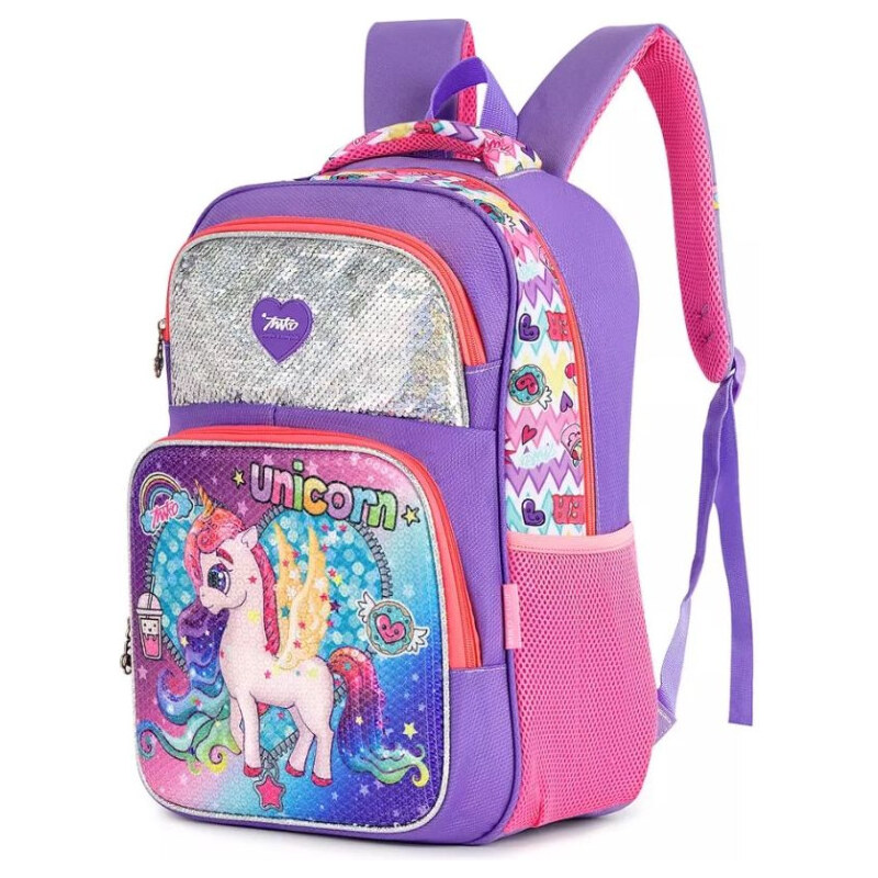 Miko Dievčenský flitrový školský batoh 3D jednorožec Fialový 20L 65226270