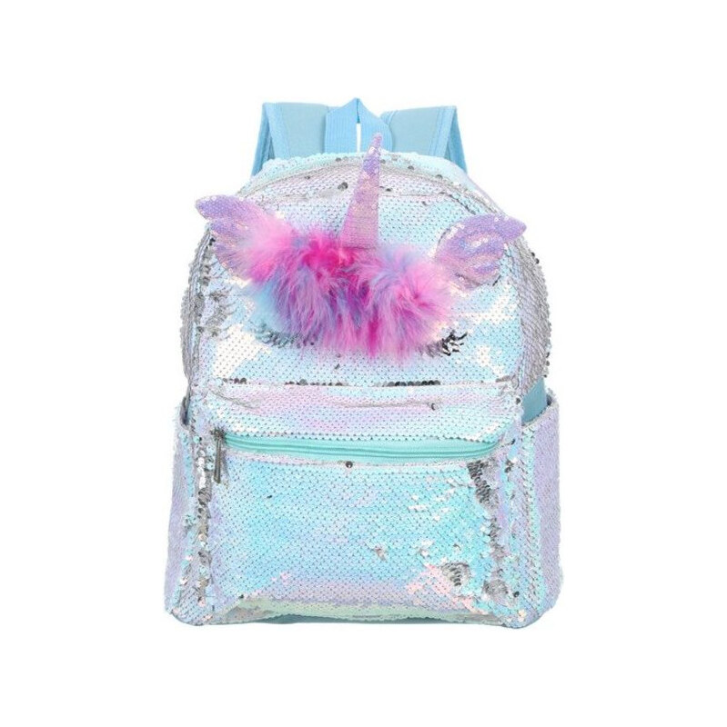 Who Cares flitrový batoh jednorožec s ofinkou Modrý 12L 65226348