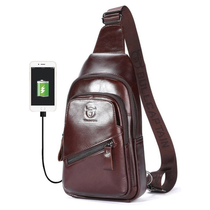 Bullcaptain kožená taška cez rameno s USB Makar Hnedá 5L 65228003