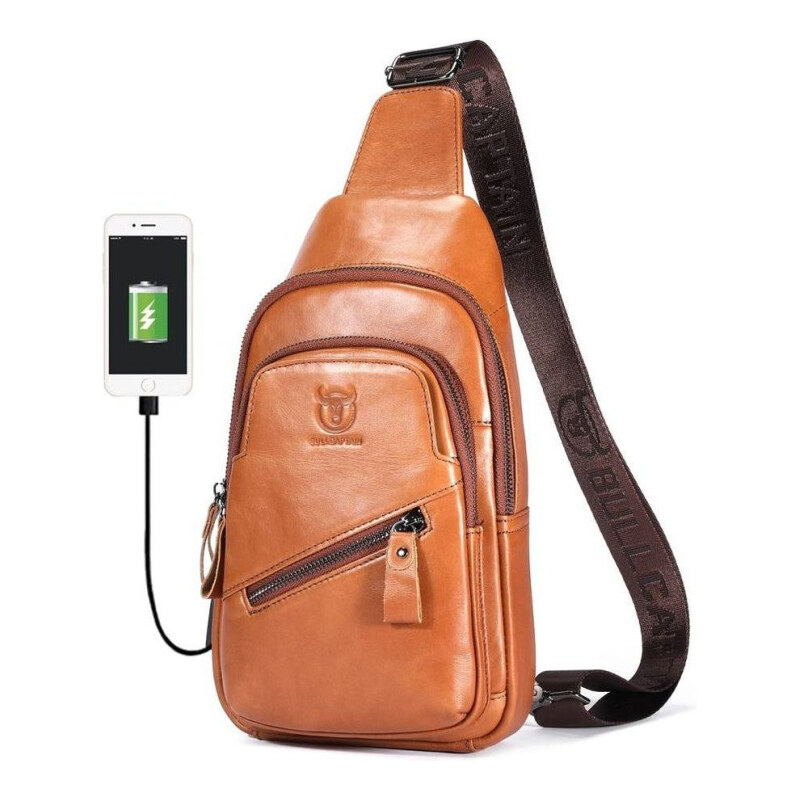 Bullcaptain kožená taška cez rameno s USB Makar Khaki 5L 65228005