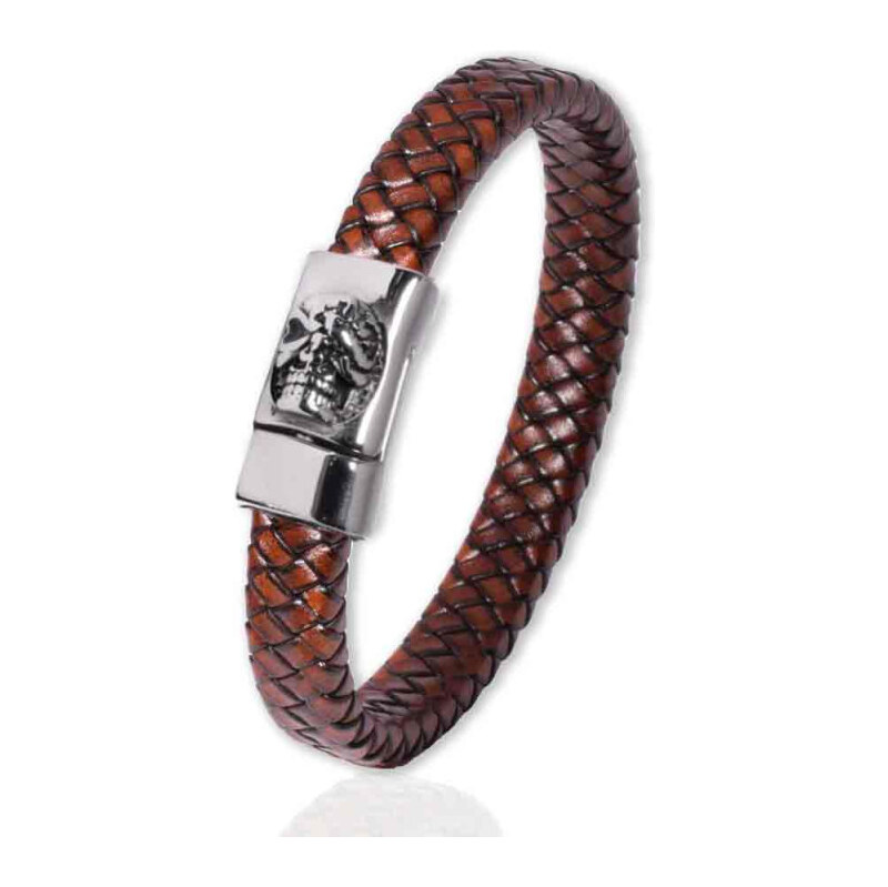 Impress Jewelry Pánsky splietaný kožený náramok Lebka Hnedý 22 cm 65228344