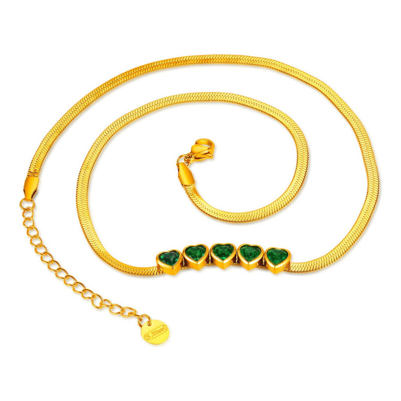 Titan Jewerly Dámsky nerezový plochý náhrdelník so zelenými srdiečkami 65229304