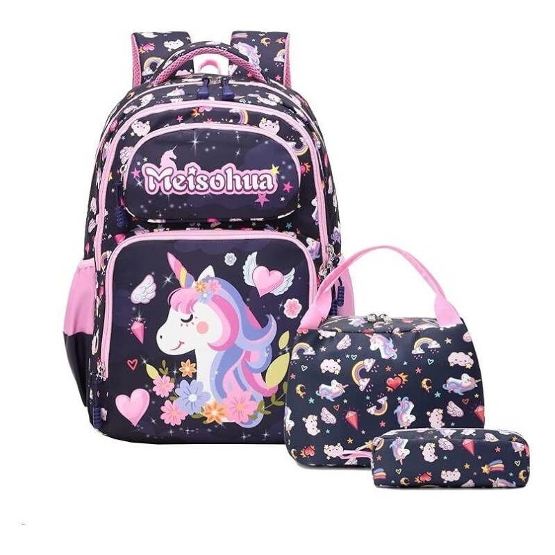 Meisohua Meiso Dievčenský školský batoh set 3v1 Jednorožec s kvetmi 65229432