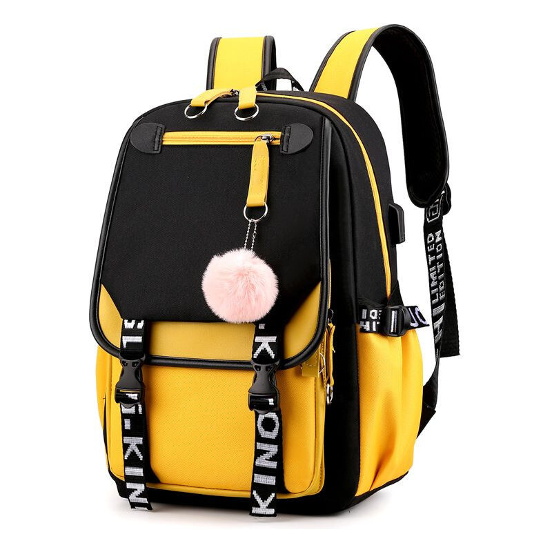 Lifestyle Dievčenský teenager školský batoh s USB Žltý s brmbolcom 19L 65229606