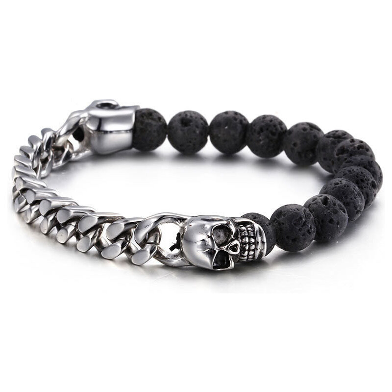 Impress Jewelry Náramok z nerezovej ocele a lávových korálikov Lebky 65229794