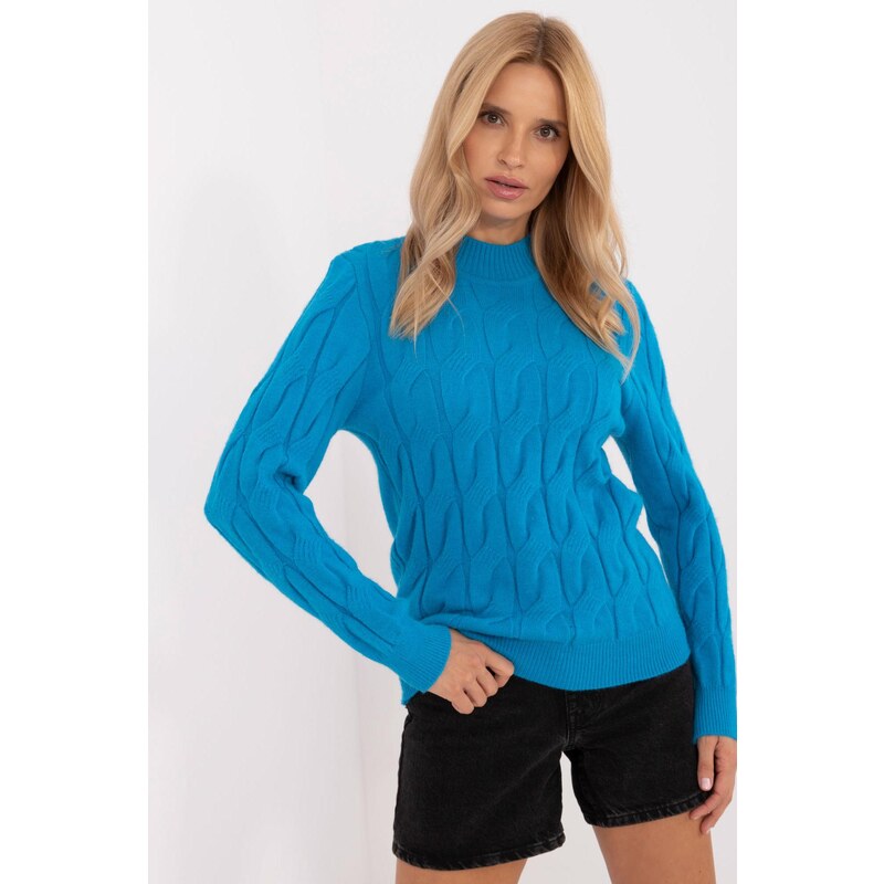 MladaModa Sveter s vrkočovým vzorom model 23500 tyrkysový 65258634