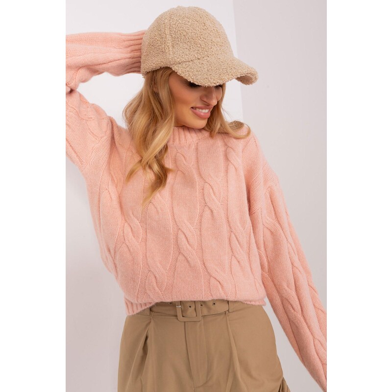 MladaModa Sveter s vrkočovým vzorom model 14610 broskyňový 65258665