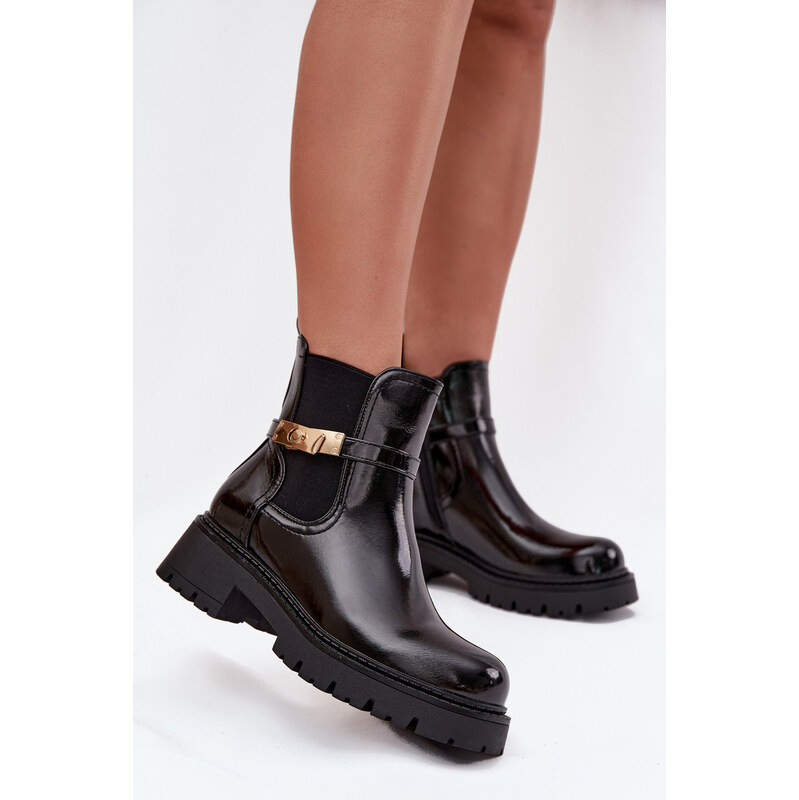 Boto Lakované členkové čižmy s vyteplením s ozdobným pásom čierne 65295588