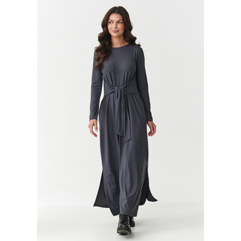 Makadamia Dámske viskózové maxi šaty so zaväzovaním v páse a bočnými 65262205