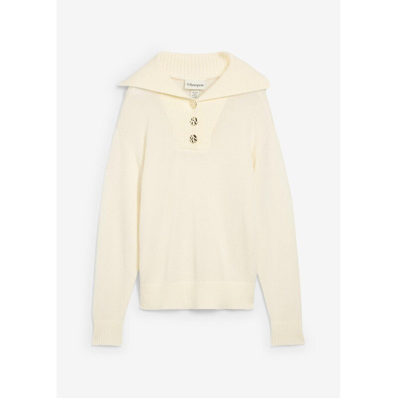 bonprix Pulóver s golierom na zapínanie, z merino vlny, farba biela 65262506