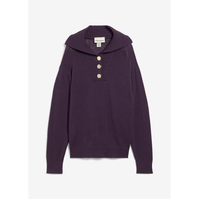 bonprix Pulóver s golierom na zapínanie, z merino vlny, farba fialová 65262507