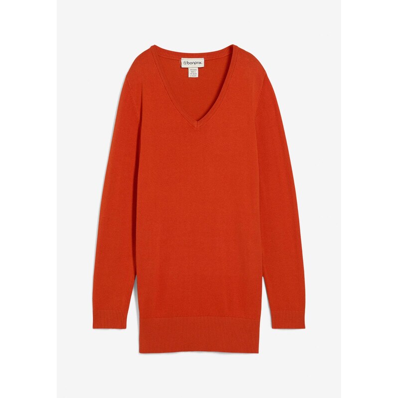 bonprix Dlhý pletený pulóver, basic, výstrih do V, farba oranžová 65262615