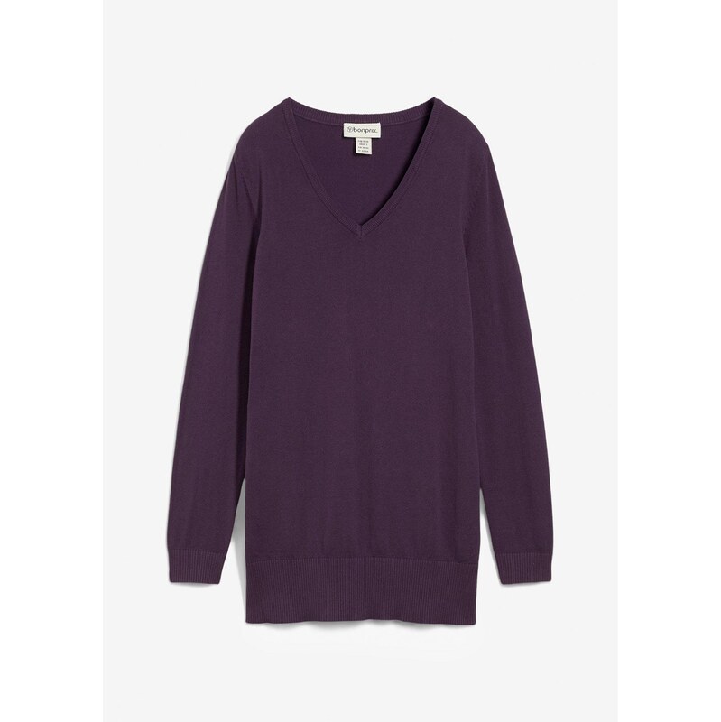 bonprix Dlhý pletený pulóver, basic, výstrih do V, farba fialová 65262616