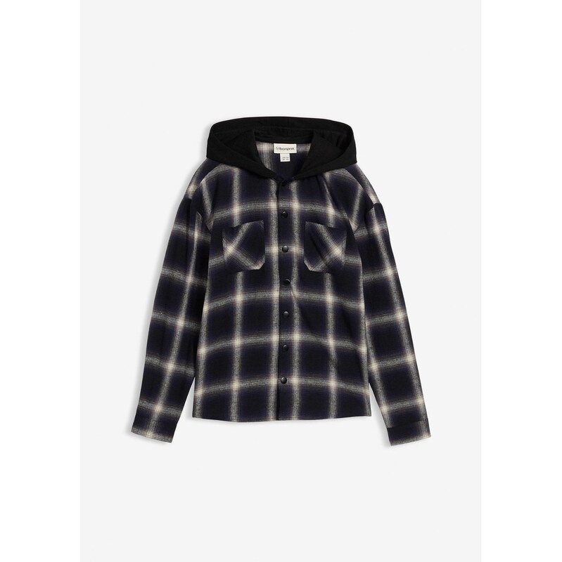 bonprix Košeľa s dlhým rukávom, flanelová, s kapucňou, farba čierna 65263006