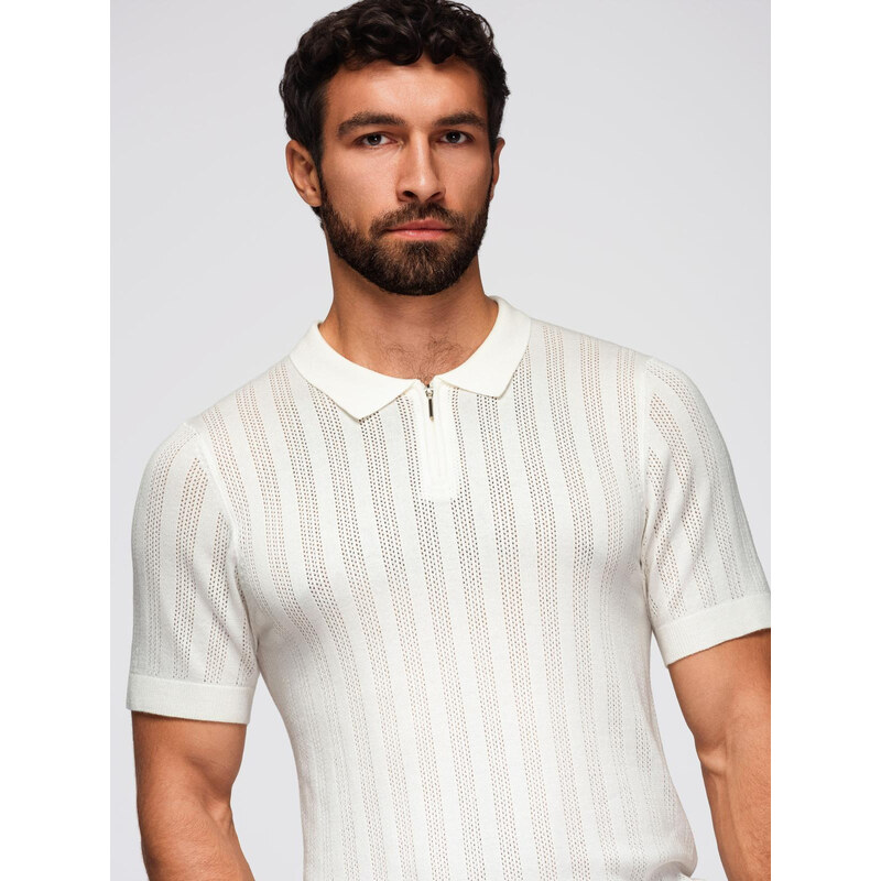 Ombre Mens openwork polo shirt with zipper at neckline - white 64794309