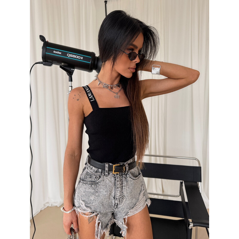 LaManuel Dámsky úpletový čierny top na ramienka 63161009