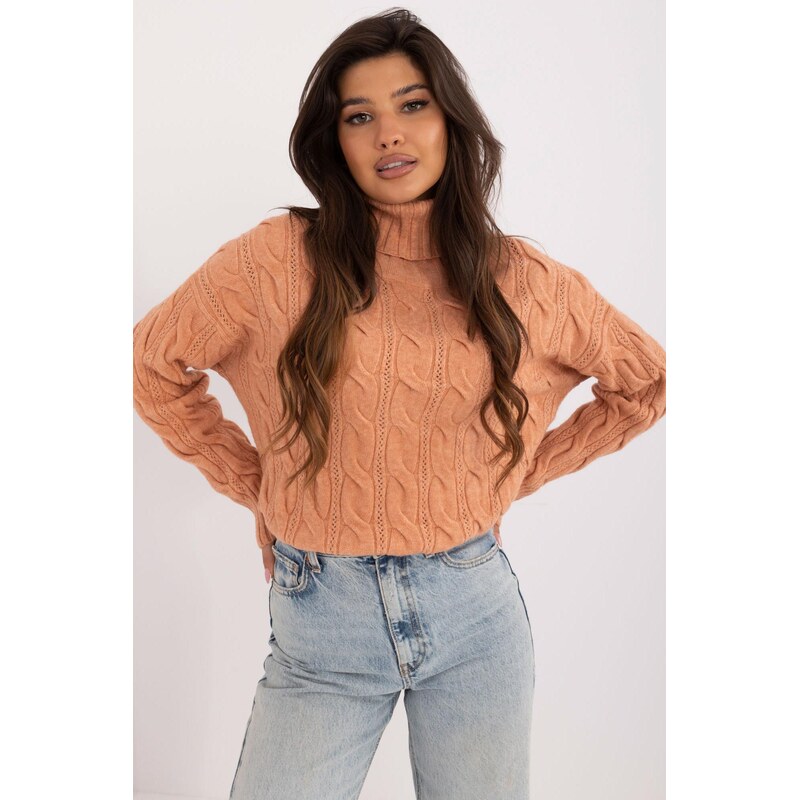 MladaModa Rolákový sveter s ažúrovým vzorom model 44500 oranžový 65626600