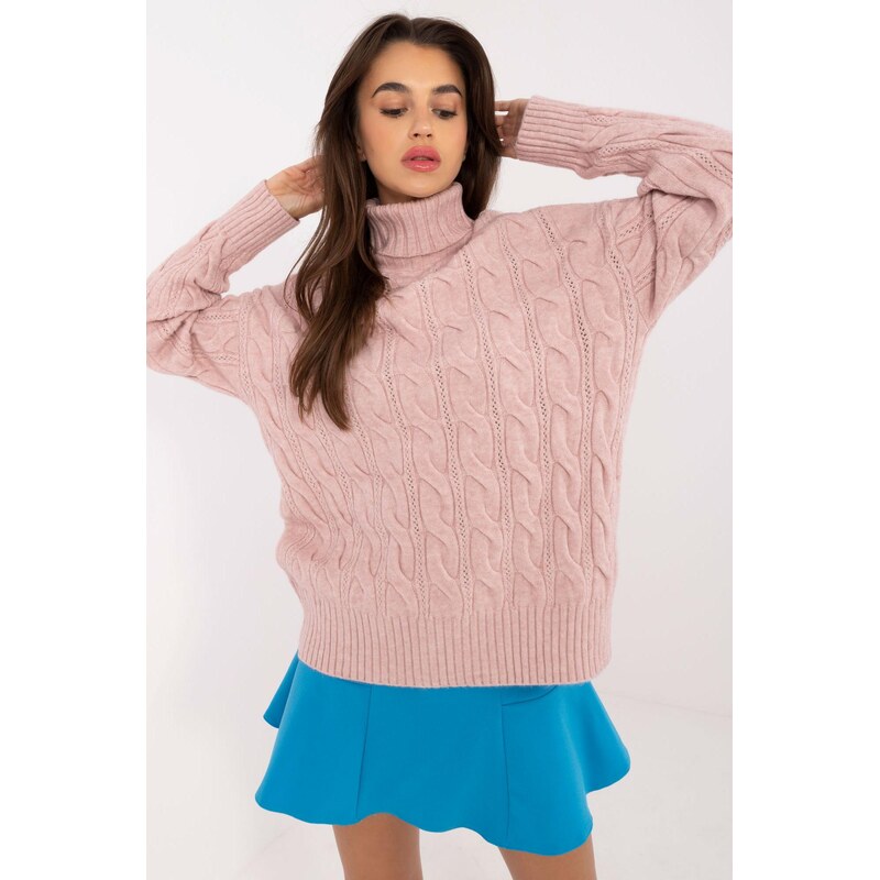 MladaModa Rolákový sveter s ažúrovým vzorom model 44500 pudrovo ružový 65626598