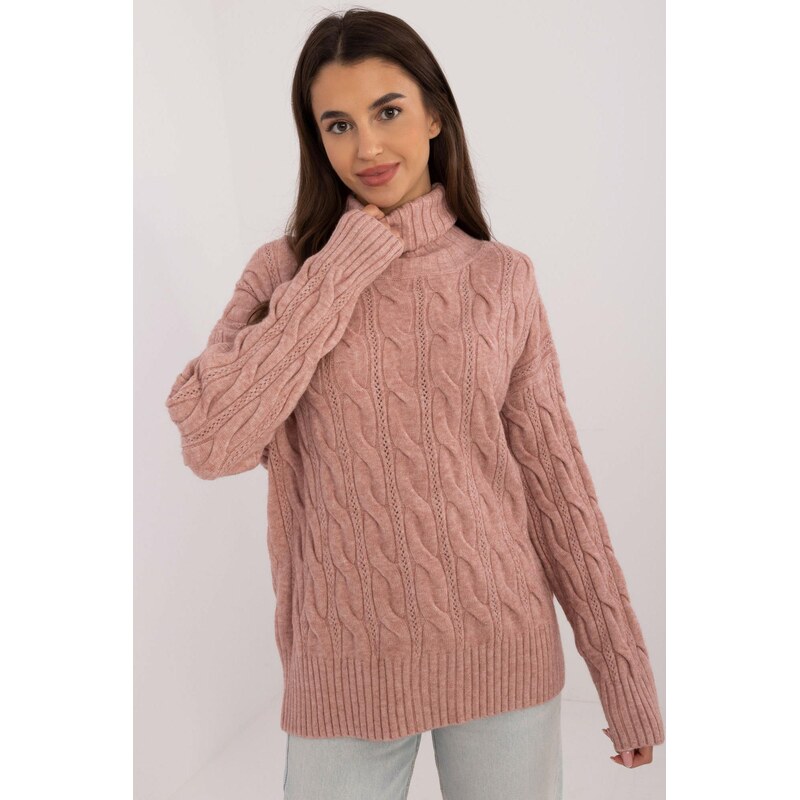 MladaModa Rolákový sveter s ažúrovým vzorom model 44500 staroružový 65626591