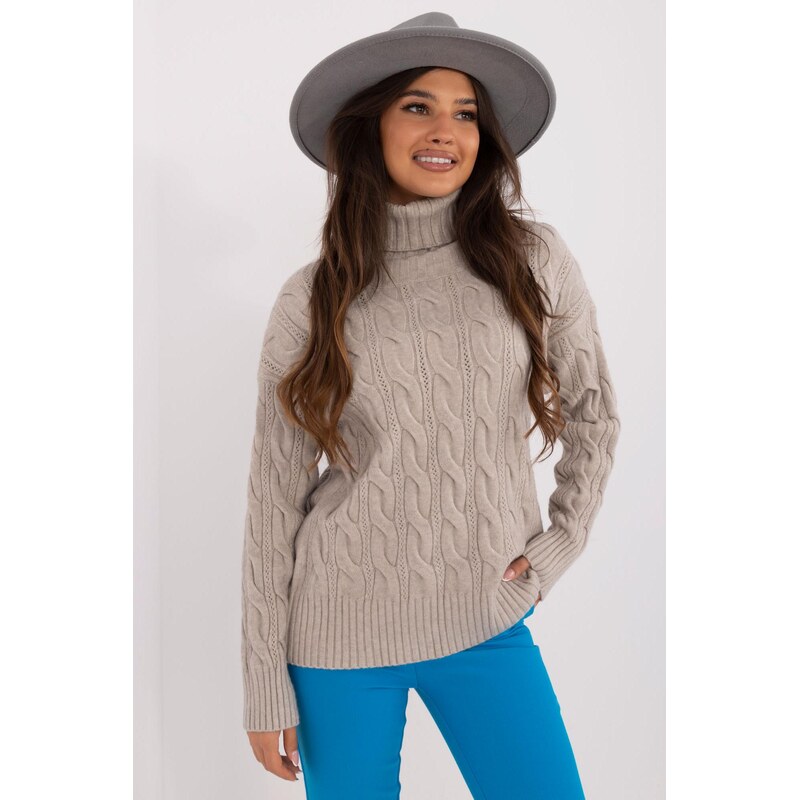 MladaModa Rolákový sveter s ažúrovým vzorom model 44500 svetlý šedý 65626599