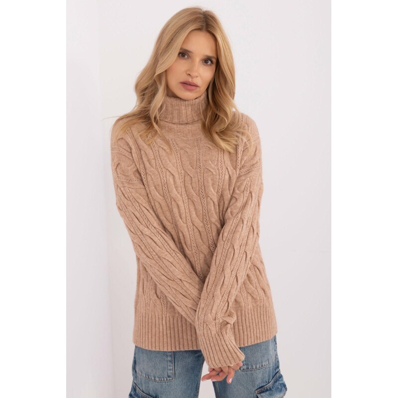 MladaModa Rolákový sveter s ažúrovým vzorom model 44500 farba camel 65626594