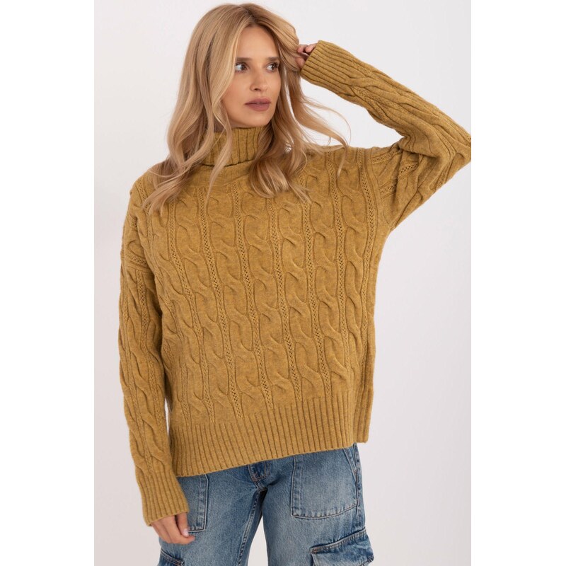 MladaModa Rolákový sveter s ažúrovým vzorom model 44500 farba khaki 65626597