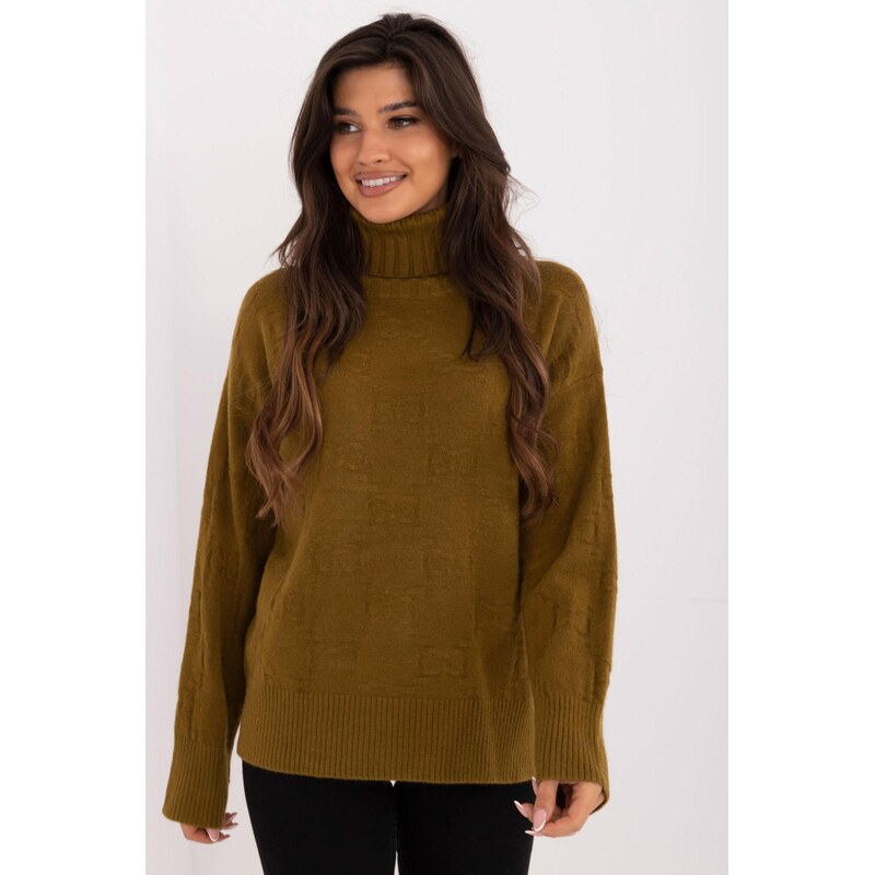 MladaModa Rolákový sveter so vzorom model 42135 farba khaki 65626614