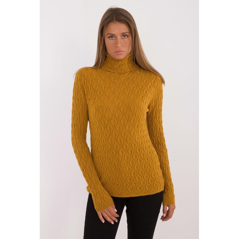 MladaModa Rolákový sveter s ažúrovým vzorom model 34261 horčicový 65626645