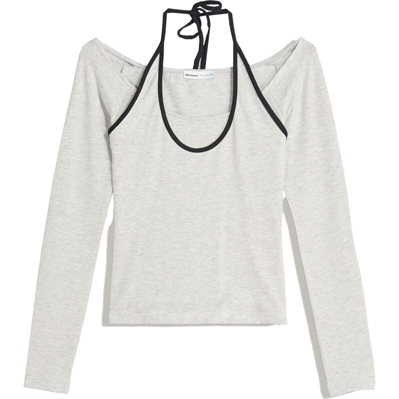 Bershka Tričko svetlosivá / čierna 65891490