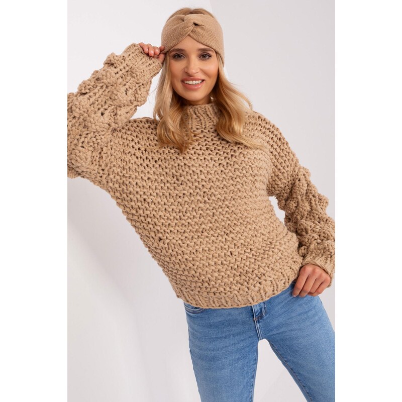 MladaModa Oversize sveter s nadýchanými rukávmi model 38297 béžový 65291908
