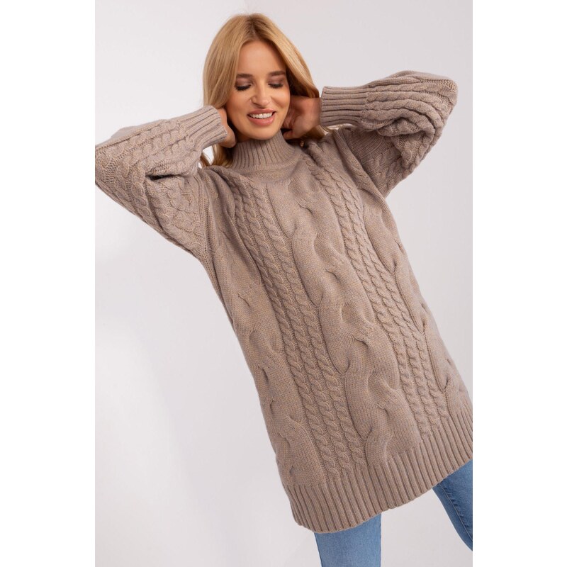 MladaModa Dlhý sveter s vrkočovým vzorom model 67135 béžový 65291948