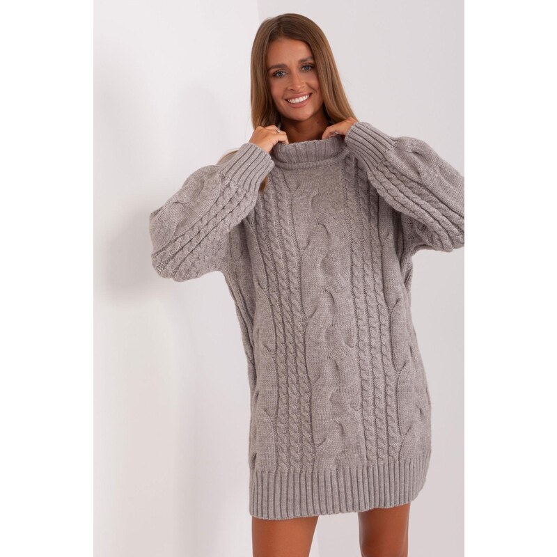 MladaModa Dlhý sveter s vrkočovým vzorom model 67135 šedý 65291950