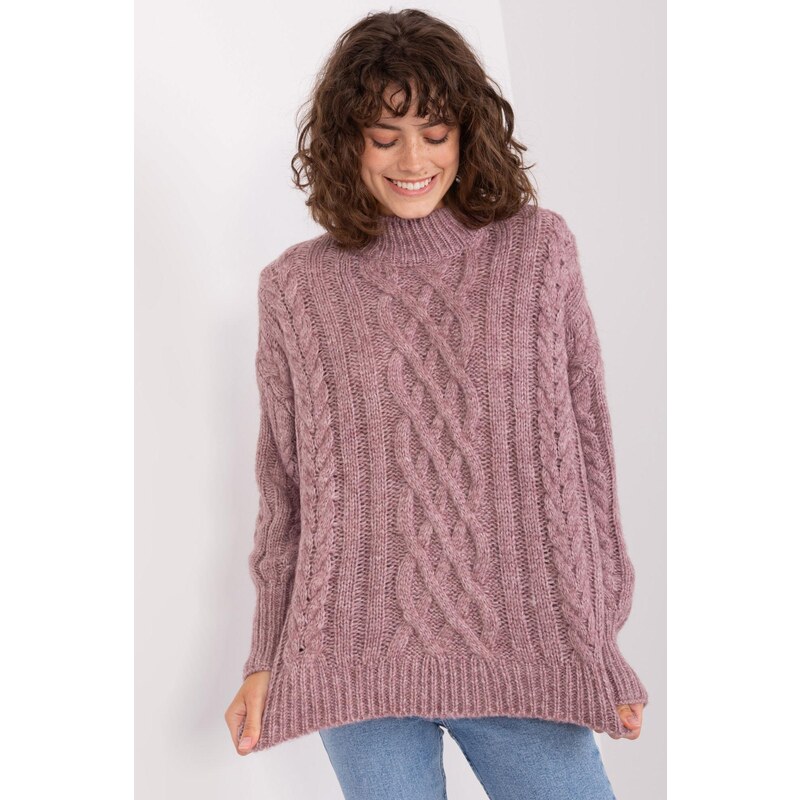 MladaModa Sveter s vrkočovým vzorom a stojačikom model 63204 fialový 65291961