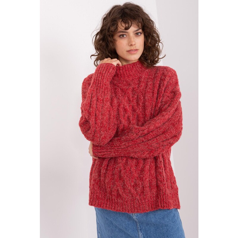 MladaModa Sveter s vrkočovým vzorom a stojačikom model 63204 červený 65291966