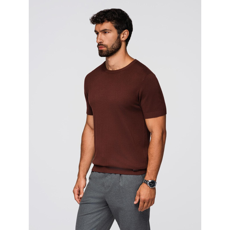Ombre Mens classic knitted shirt with ribbed cuffs - warm brown 64794233