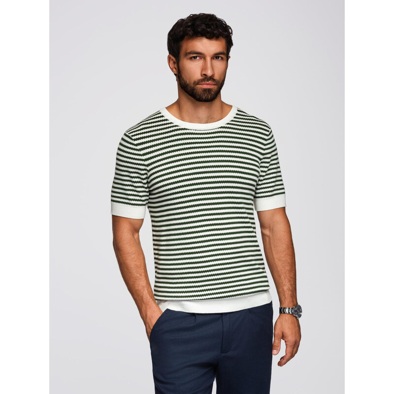 Ombre Mens knitted t-shirt with navy stripes and openwork weave - 64793580