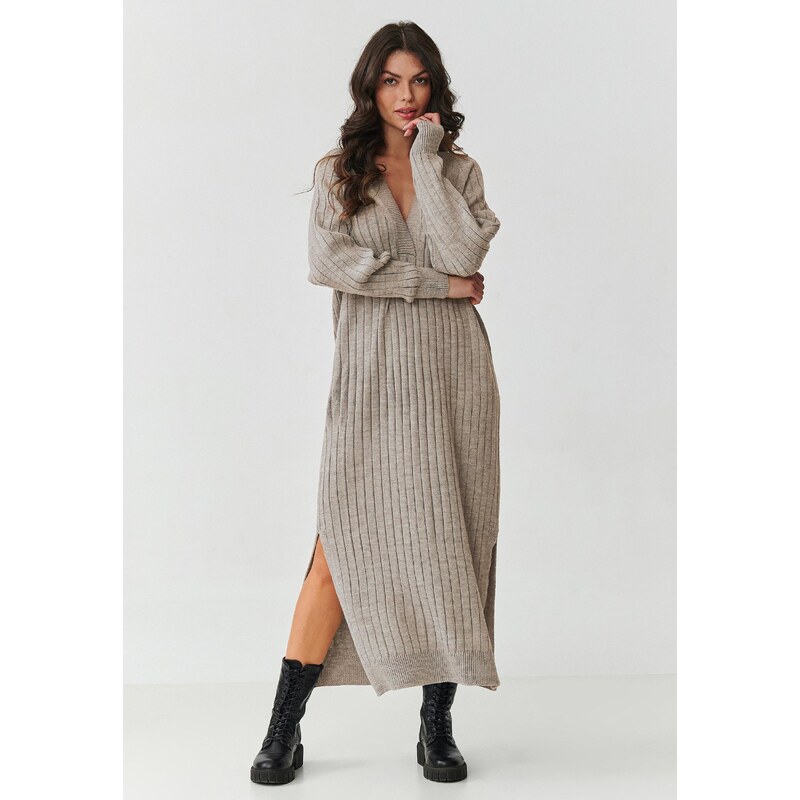 Makadamia Dlhé svetrové šaty s výstrihom do V | béžová melanž S161 65298888